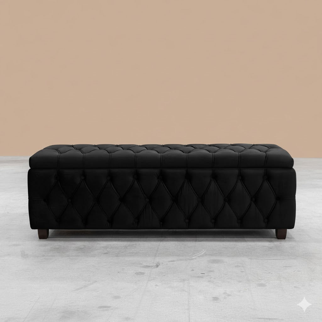 Riga Chesterfield Upholstered Ottoman Storage Box with Wooden Legs in Plush Velvet Fabric