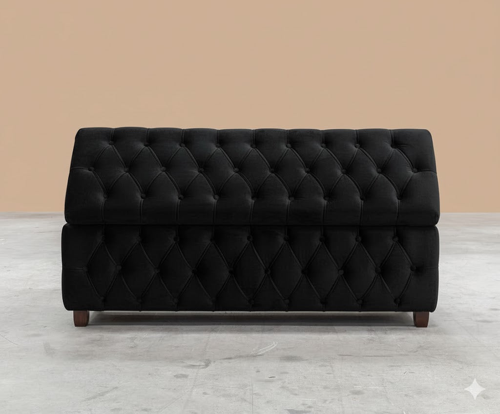 Riga Chesterfield Upholstered Ottoman Storage Box with Wooden Legs in Plush Velvet Fabric