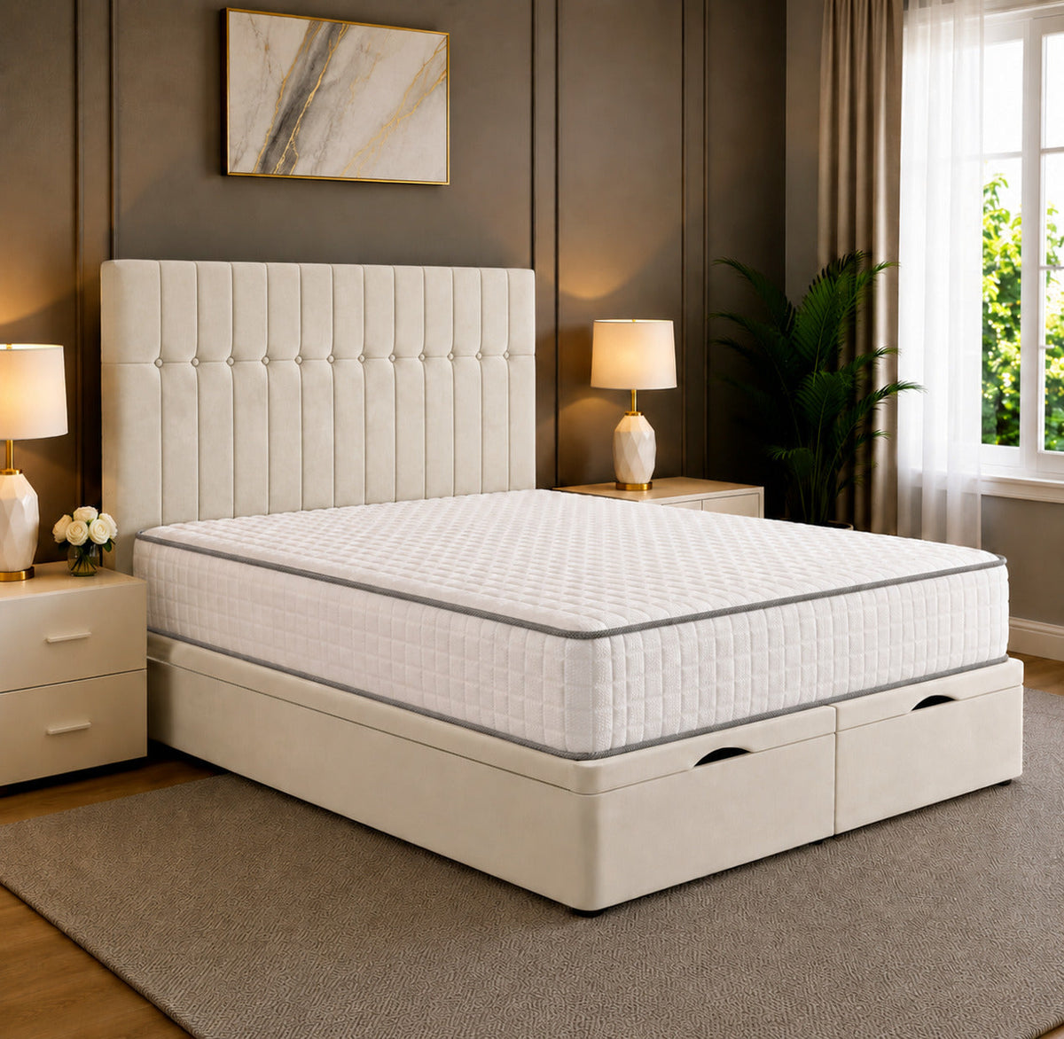 Sophia Divan Storage Striped Tufted Ottoman Bed Frame