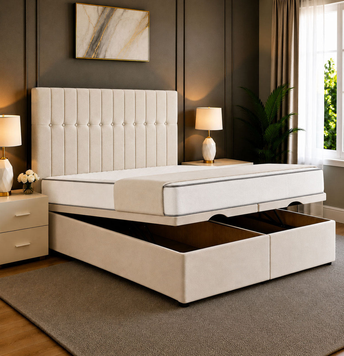 Sophia Divan Storage Striped Tufted Ottoman Bed Frame