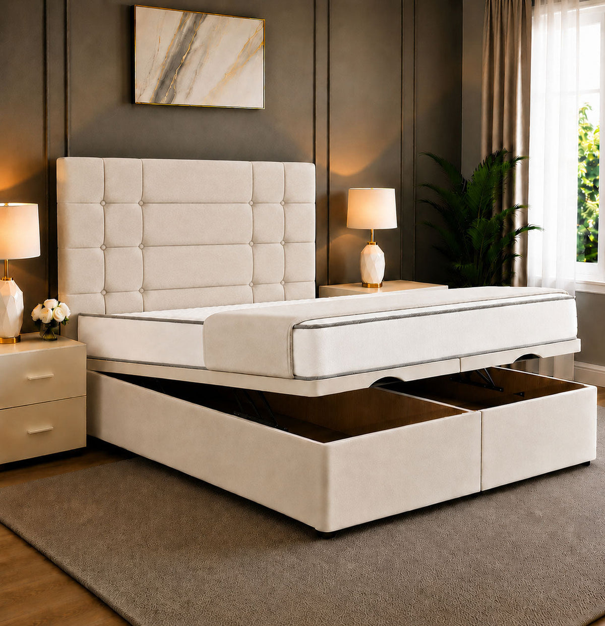 Elara Divan Storage Striped Tufted Ottoman Bed Frame