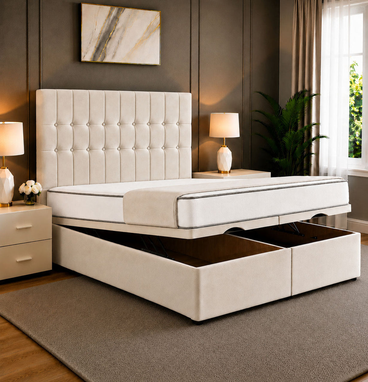 Sarah Divan Storage Striped Tufted Ottoman Bed Frame