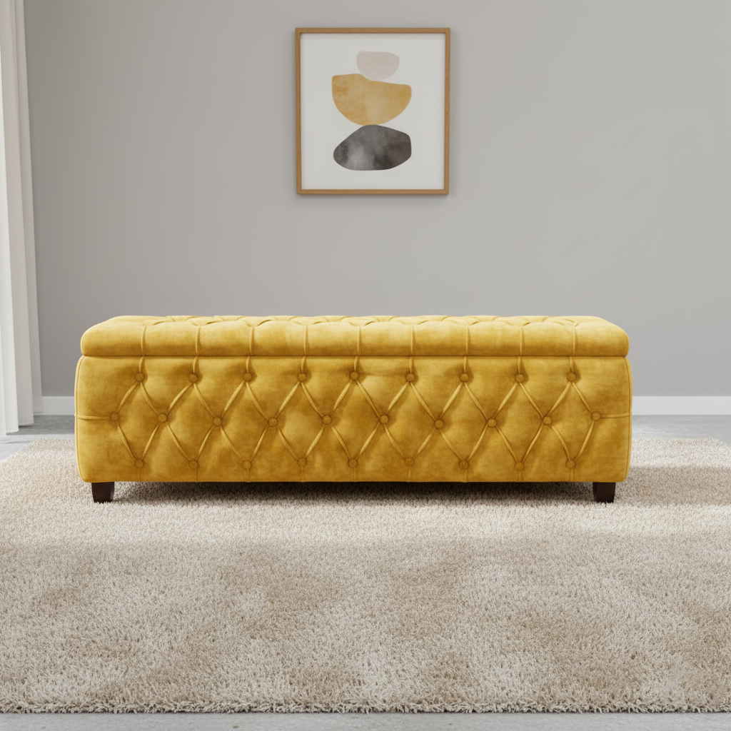 Riga Chesterfield Upholstered Ottoman Storage Box with Wooden Legs in Plush Velvet Fabric